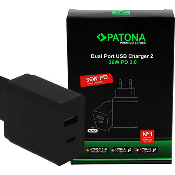 PATONA Premium PD36W Adapter 5V/3A 9V/2A 12V/1.5A 1xUSB-C 1xUSB-A PD3.0 QC3.0 Patona
