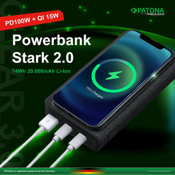 PATONA Premium Powerbank Stark 2.0 PD100W 20000mAh, QI kabelloses laden, 2xUSB-C 1xUSB-A Port Patona