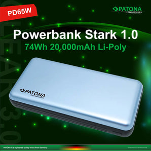PATONA Premium Powerbank Stark 1.0 PD65W 20000mAh mit 2 integrierten Ladekabel USB-C Lightning Patona