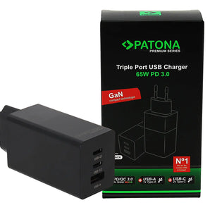 PATONA Premium GaN PD65W Triple Port USB Charger Adapter 2xUSB-C 1xUSB-A PD3.0 QC3.0 Patona