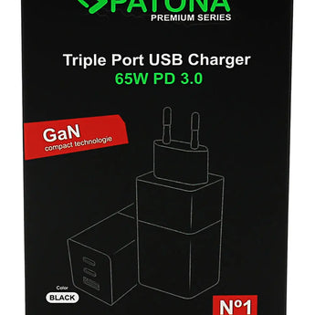 PATONA Premium GaN PD65W Triple Port USB Charger Adapter 2xUSB-C 1xUSB-A PD3.0 QC3.0 Patona